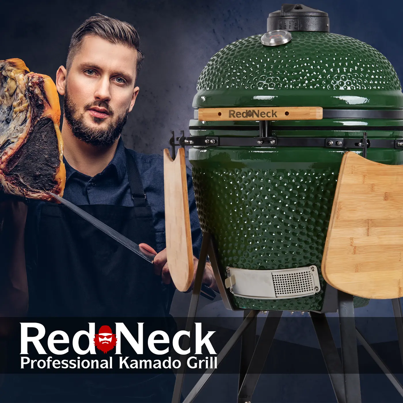 Grillmeister mit Dry-Aged-Steak am grünen RedNeck Kamado