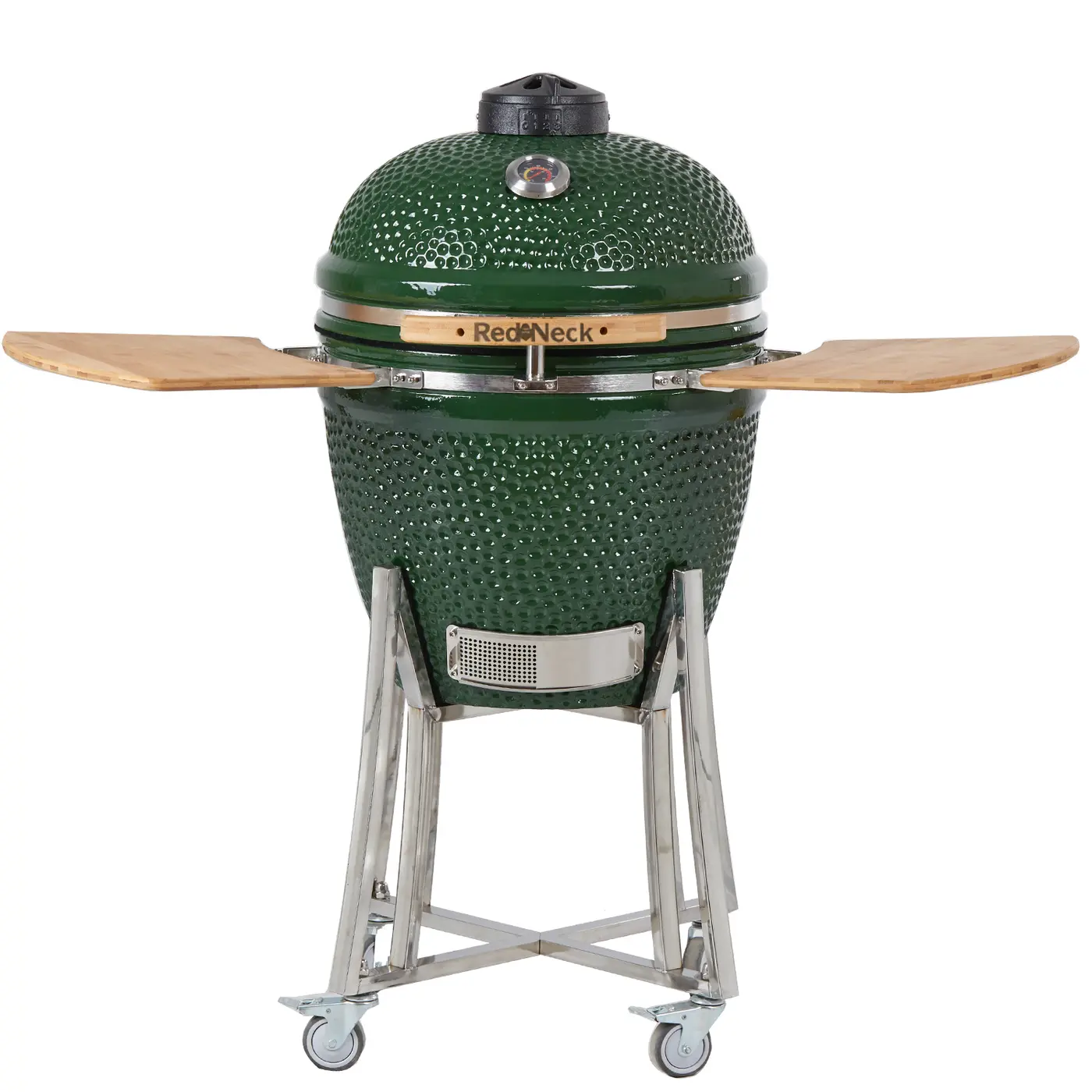 RedNeck Kamado 21 Zoll Pro in Grün mit ausgeklappten Bambusablagen