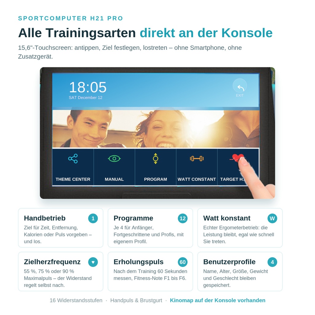 AsVIVA Ergometer Heimtrainer H21 Pro Wi-Fi – Konsole mit 12 Programmen, Watt konstant und Zielherzfrequenz