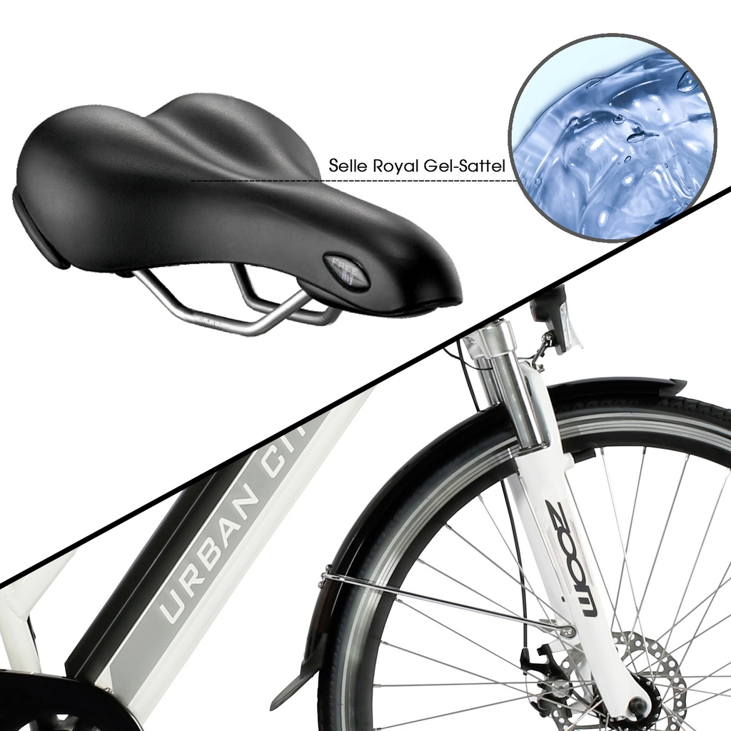 Selle Royal Sattel und Zoom Federgabel des AsVIVA City E-Bike B15 für hohen Fahrkomfort