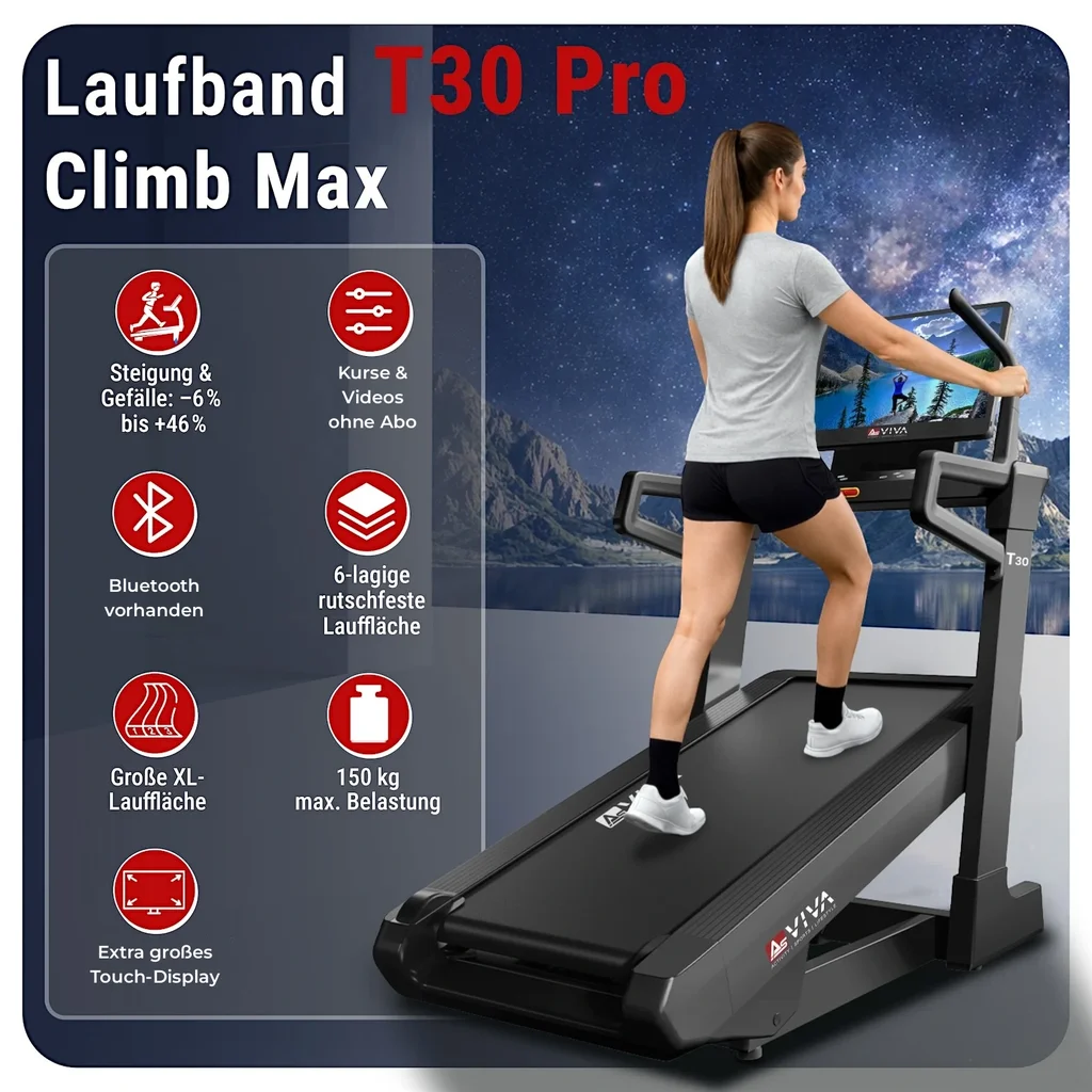 Detailansicht des AsVIVA Laufbands T30 Pro Max Climb Marathon mit Blick auf die hochwertige Verarbeitung