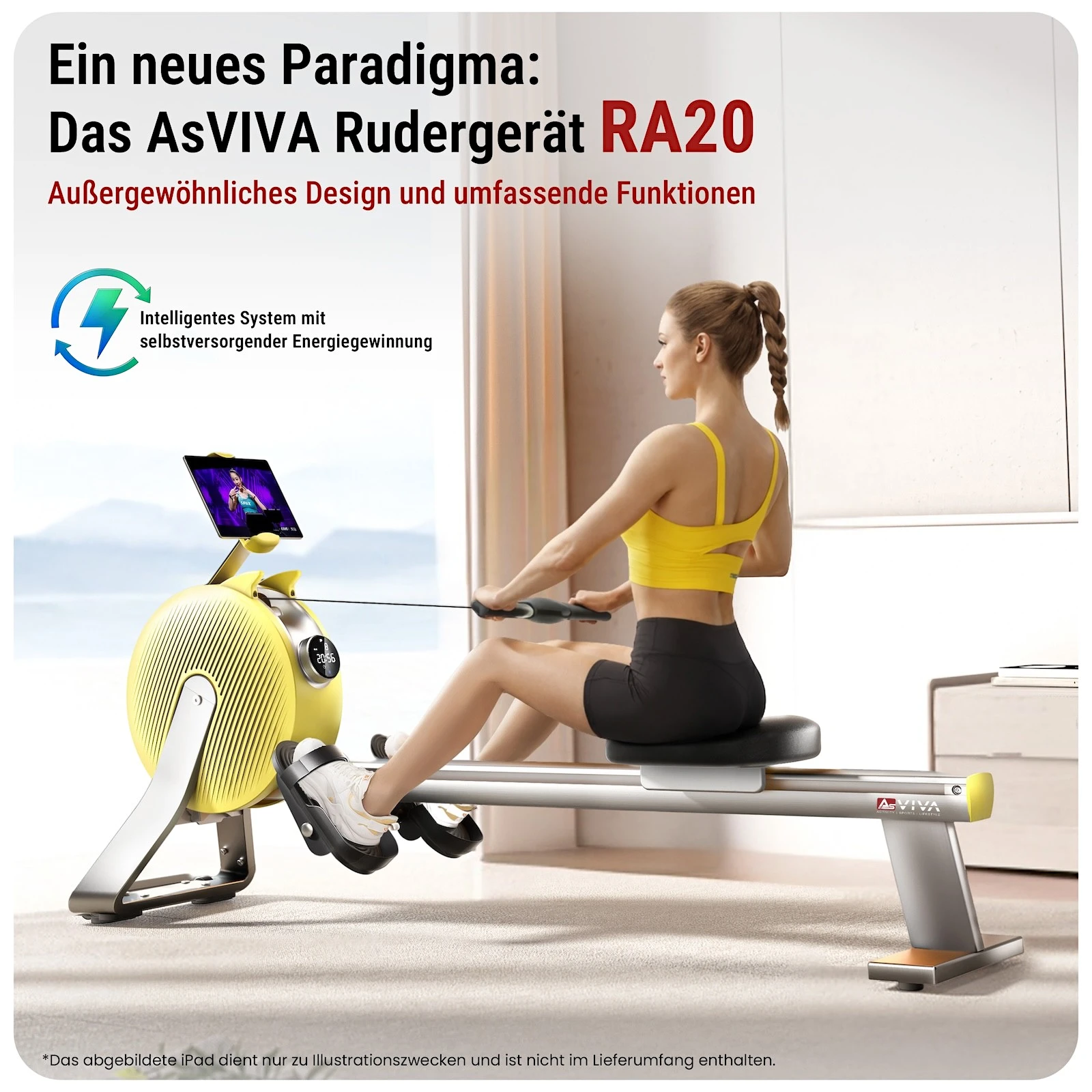 AsVIVA Magnetic Rower RA20 Rudergerät in der kompletten Seitenansicht mit Sitz, Zugseil und Fußpedalen