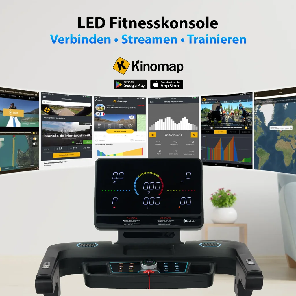 Übersichtliche Fitnesskonsole des AsVIVA Laufbands Smart Run T16 mit allen Trainingsdaten