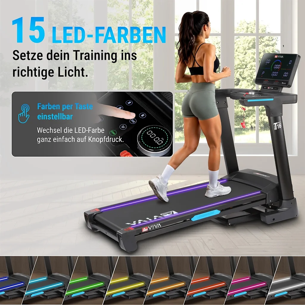Einstellbare LED-Beleuchtung am AsVIVA Laufband Smart Run T16 für ein stimmungsvolles Training