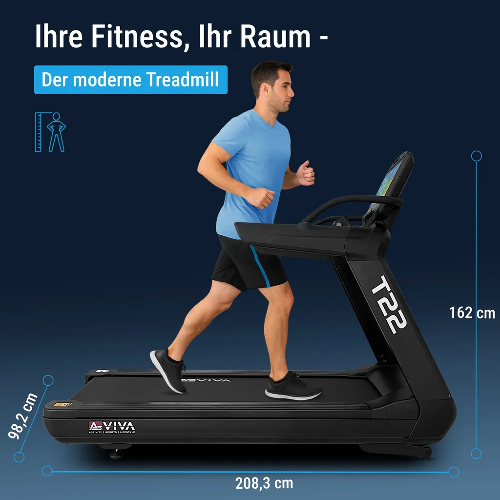 Maßangaben und Abmessungen des AsVIVA Laufbands T22 Studio Pro in der Übersicht