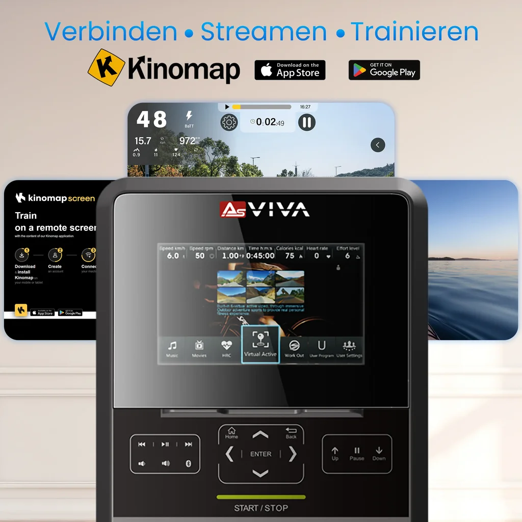 Bildschirm des AsVIVA Ergometers H25 Studio Pro zum Streamen von Apps und Trainingsinhalten