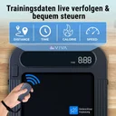 Display des AsVIVA Walking Pad Laufband T25 zeigt Trainingsdaten wie Zeit, Distanz, Geschwindigkeit und Kalorien