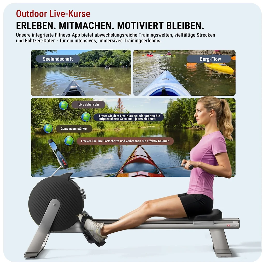 Interaktive Live-Kurse auf dem AsVIVA Rudergeraet RA20 in Schwarz fuer gefuehrtes Training am Bildschirm Interaktive Live-Kurse auf dem AsVIVA Rudergeraet RA20 in Schwarz fuer gefuehrtes Training am Bildschirm