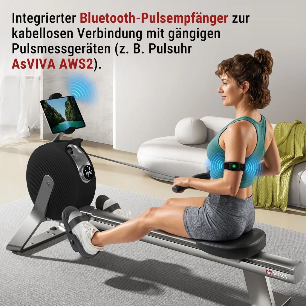 AsVIVA Rudergeraet RA20 in Schwarz mit integriertem Bluetooth-Pulsempfaenger AsVIVA Rudergeraet RA20 in Schwarz mit integriertem Bluetooth-Pulsempfaenger