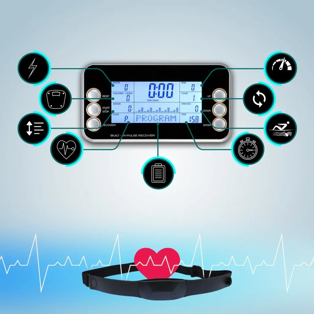 LCD-Display des AsVIVA Rudergeräts RA10 Pro zeigt Trainingswerte wie Zeit, Ruderschläge und Kalorien an