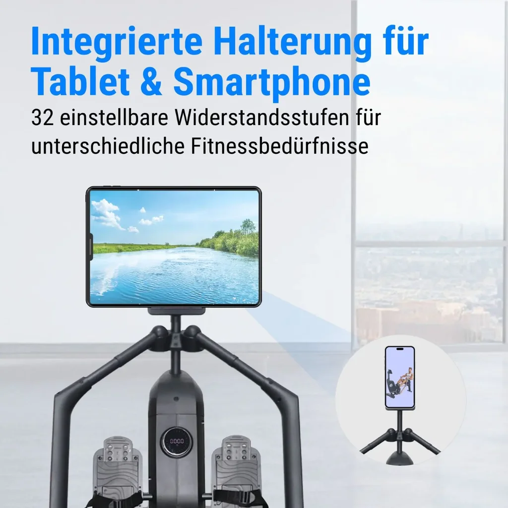 Integrierte Tablet- und Smartphone-Halterung am AsVIVA Rudergerät RA12 für Training mit Apps