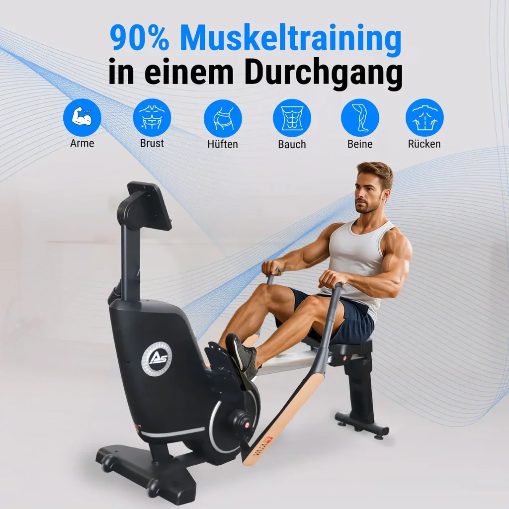 Ganzkörper-Muskeltraining am AsVIVA Rudergerät RA12 mit Beanspruchung von Rücken, Armen und Beinen