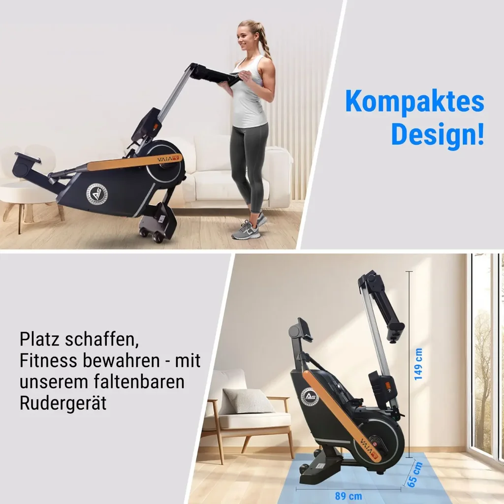 Platzsparend zusammengeklapptes AsVIVA Rudergerät RA12 für einfache Aufbewahrung zu Hause