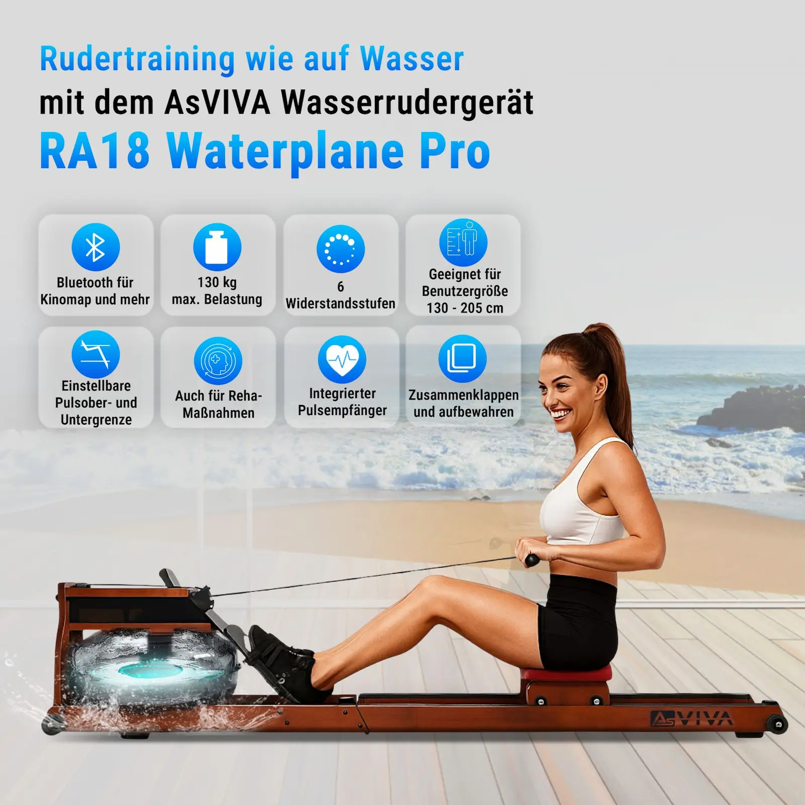 AsVIVA Wasser-Rudergerät RA18 Pro mit WaterPlane-Wassertank in der Gesamtansicht