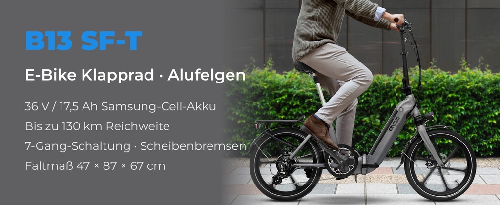 AsVIVA E-Bike Klapprad B13 SF-T – 17,5 Ah, 130 km Reichweite, 7 Gänge