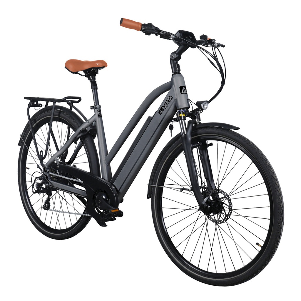 City E-Bike B15 (Grau, brauner Sattel, breites Display) – Schrägansicht vorn