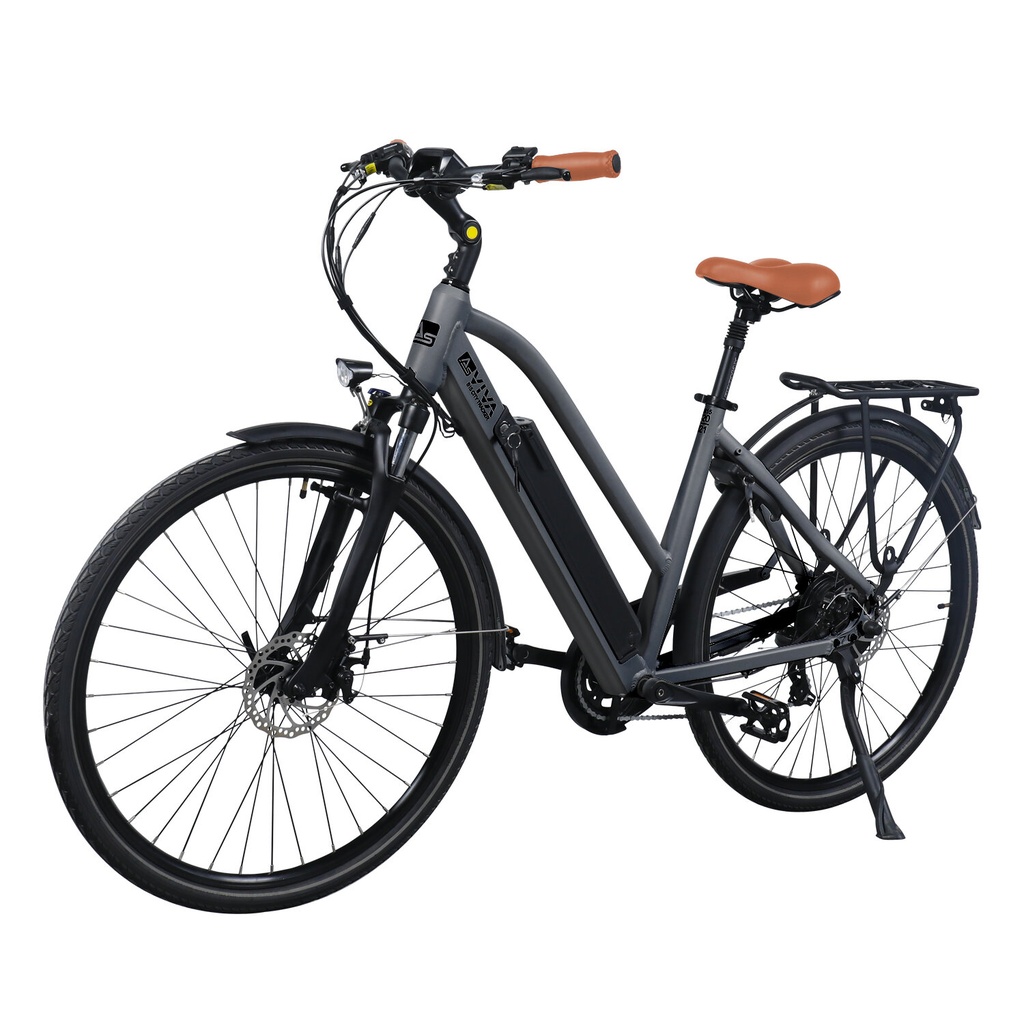 City E-Bike B15 (Grau, brauner Sattel, breites Display) – Schrägansicht vorn rechts