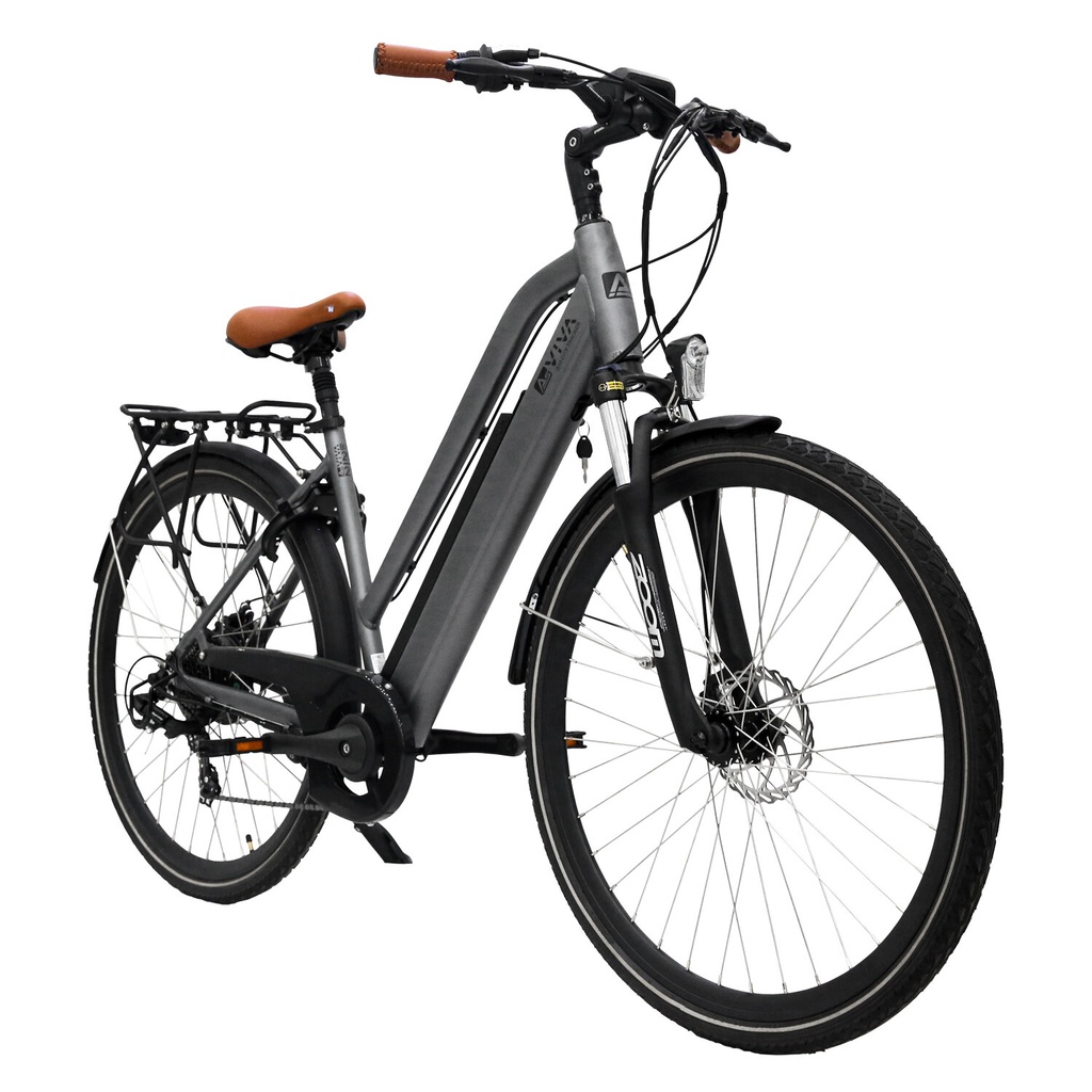 City E-Bike B15 (Grau, brauner Sattel, breites Display) – Schrägansicht vorn
