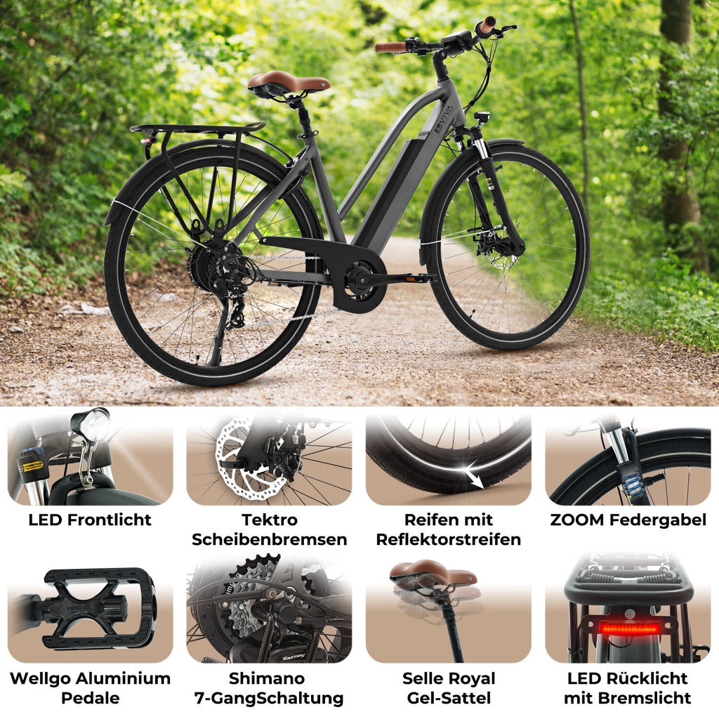 City E-Bike B15 (Grau, brauner Sattel, breites Display) – Ausstattung im Überblick