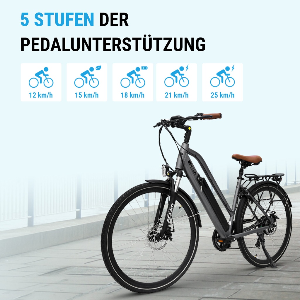 City E-Bike B15 (Grau, brauner Sattel, breites Display) – 5 Unterstützungsstufen