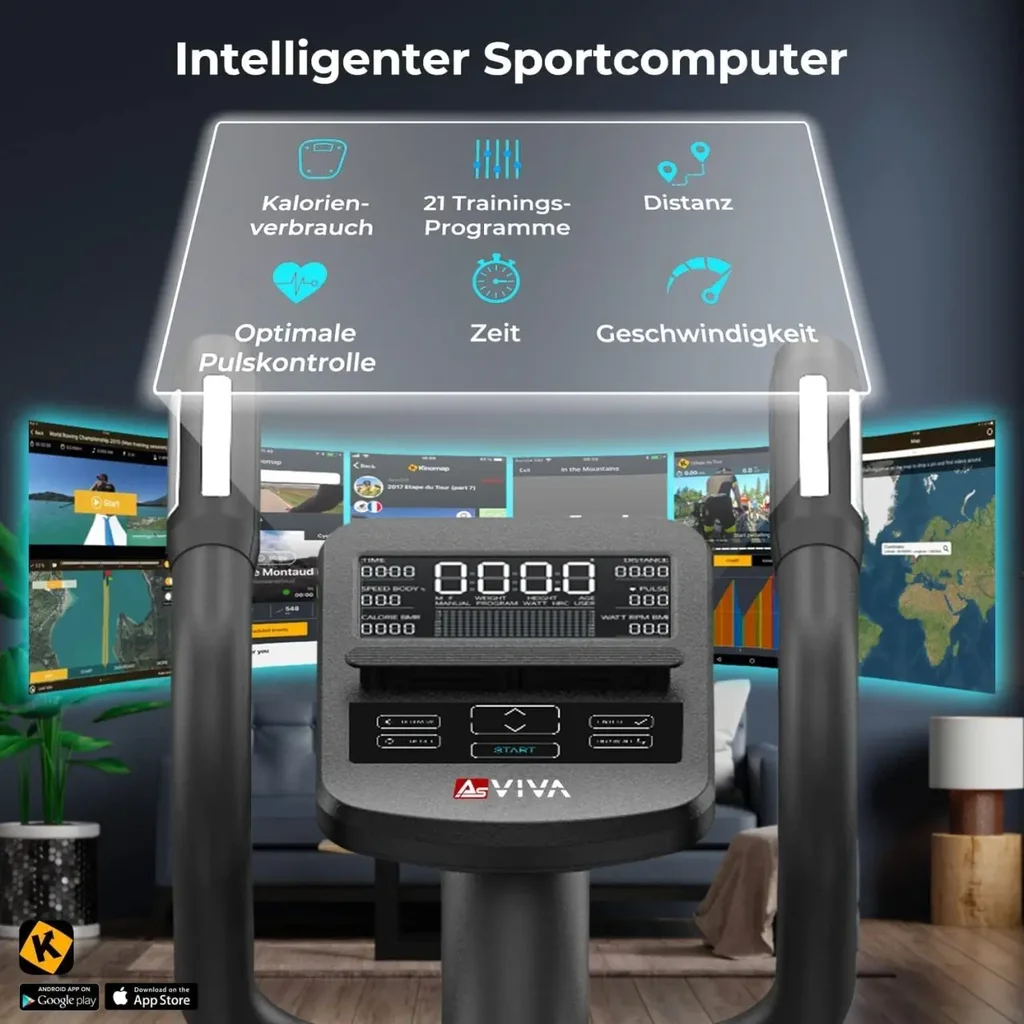 Sportcomputer des AsVIVA Crosstrainers C29 Step mit zahlreichen Trainingsprogrammen und Funktionen