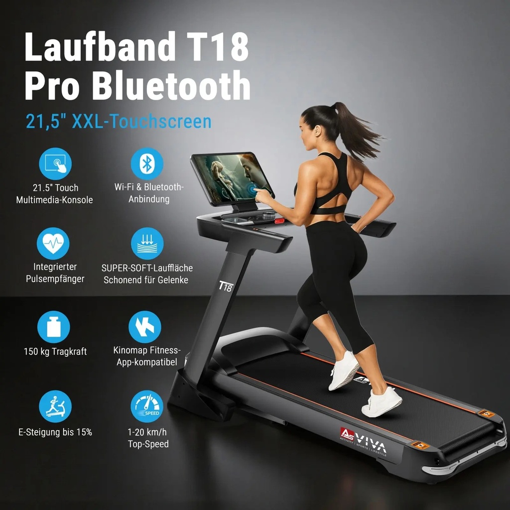 Das AsVIVA Laufband Smart T18 Pro in der seitlichen Gesamtansicht mit Laufdeck und klappbarem Rahmen