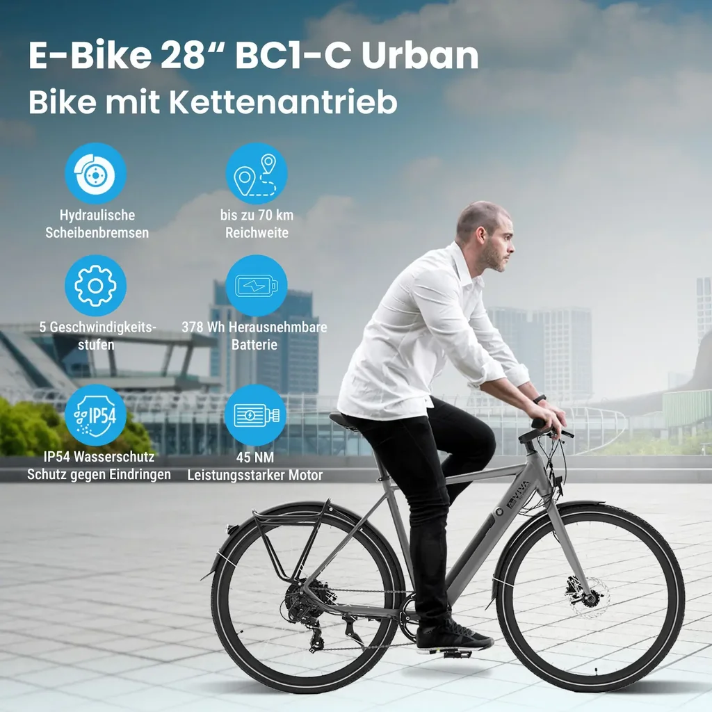 AsVIVA BC1C &ndash; 28 Zoll Urban E-Bike mit Kettenantrieb, 70 km Reichweite und 250 W Motor