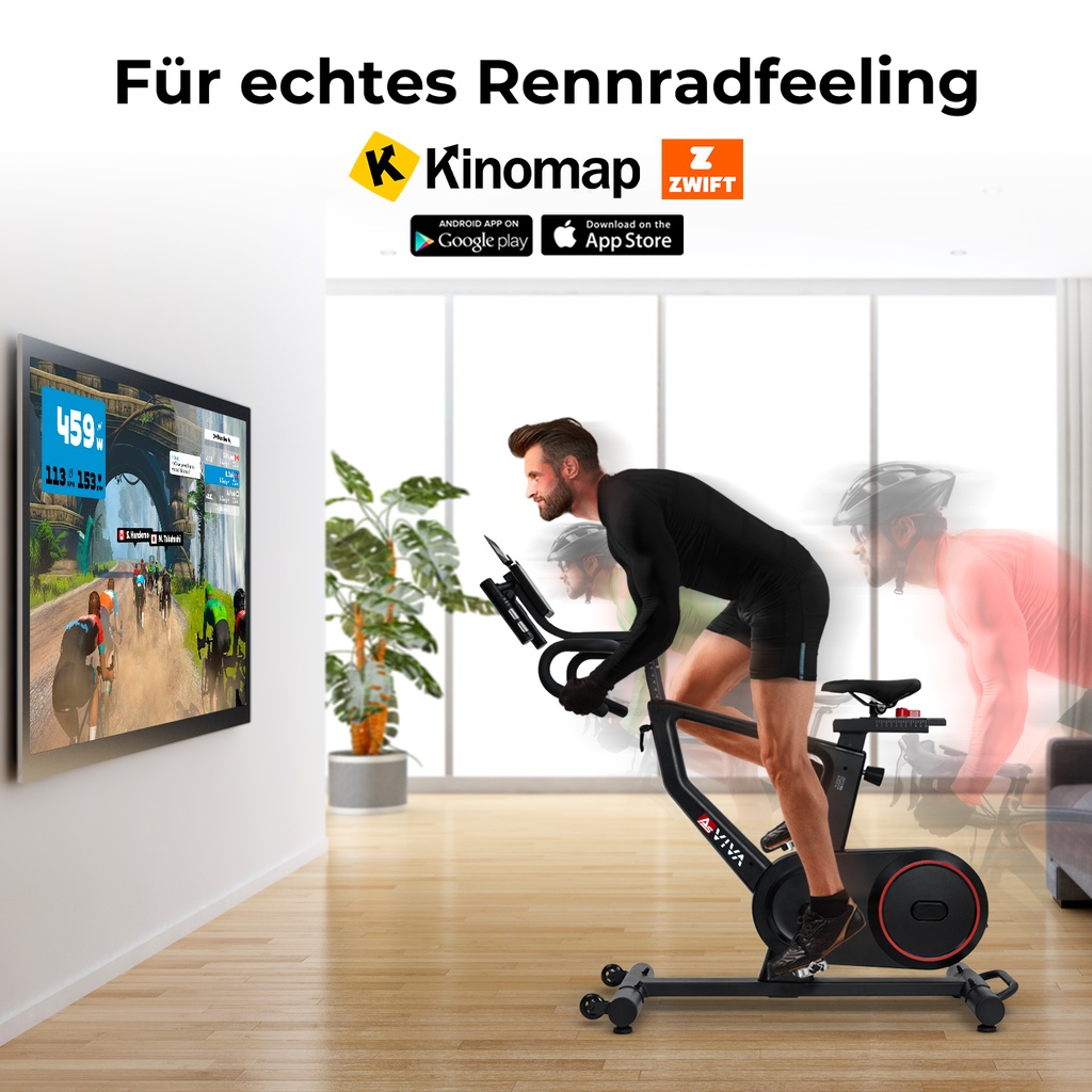 Sportler trainiert auf dem AsVIVA Speedbike S18 Pro mit App-Streaming über Zwift für echtes Rennradfeeling im Wohnraum