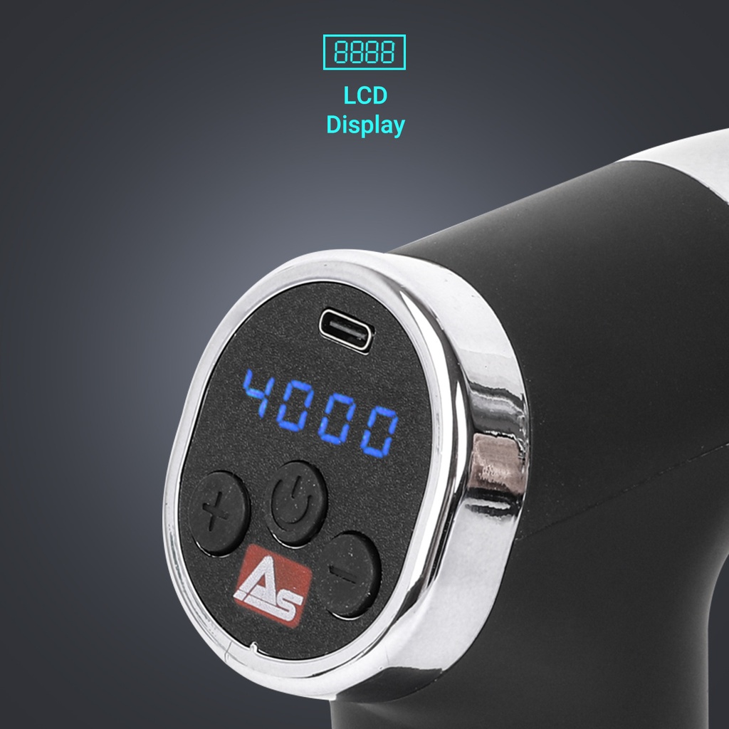 Das übersichtliche LCD-Display der AsVIVA Massagepistole MGN2 zeigt Intensitätsstufe und Akkustand an