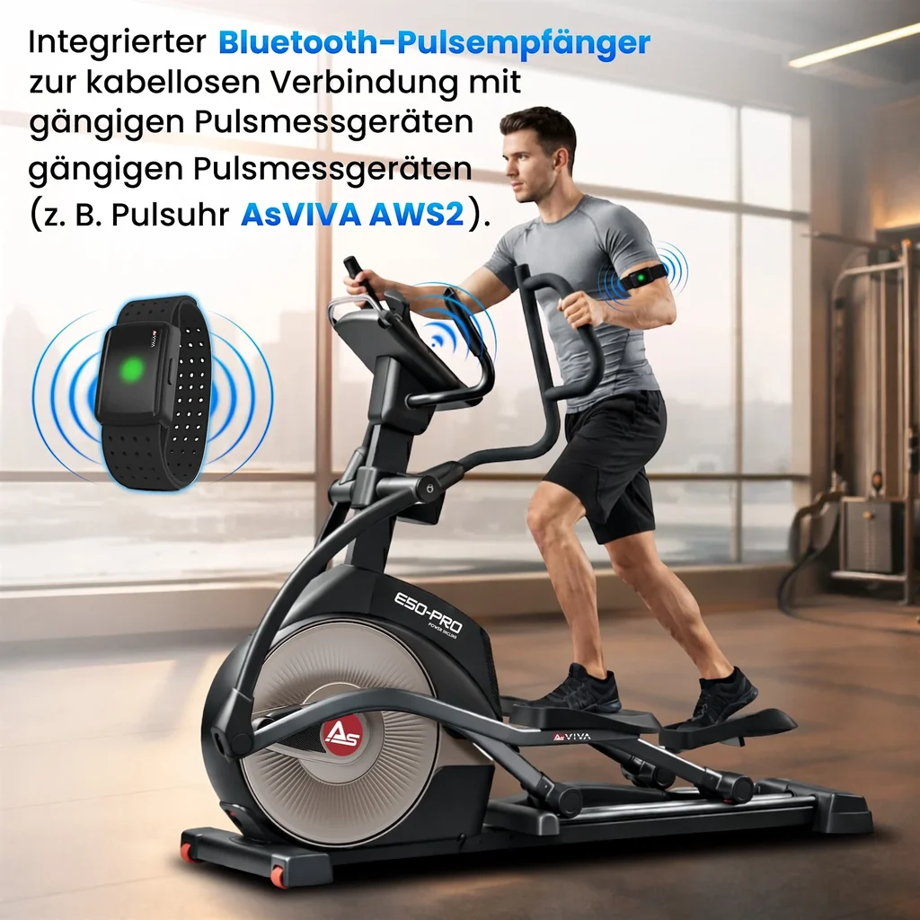 Pulsempfänger mit Pulsarmband des AsVIVA Crosstrainers E50 Pro zur präzisen Herzfrequenzmessung