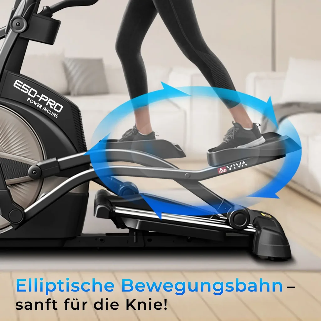 Gelenkschonende elliptische Bewegungen des AsVIVA Crosstrainers E50 Pro für einen natürlichen Bewegungsablauf