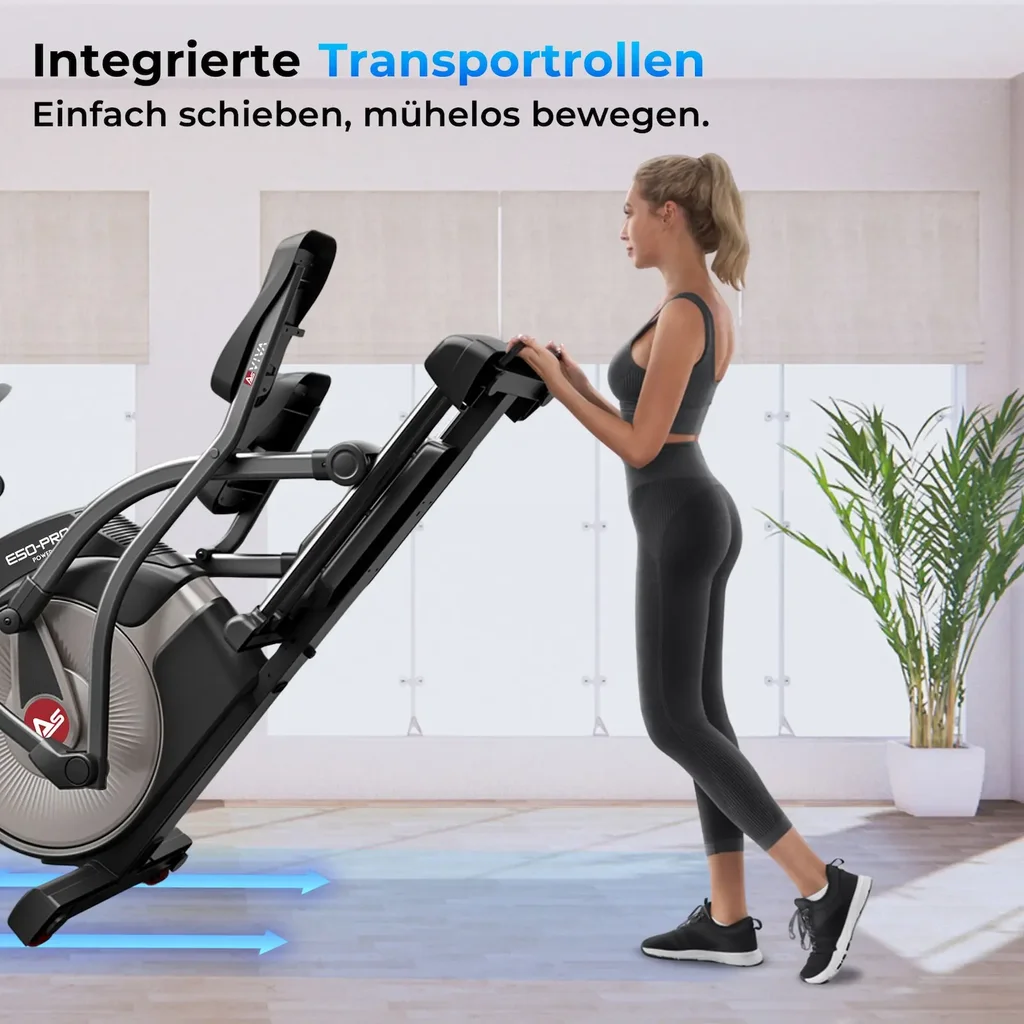 Integrierte Transportrollen des AsVIVA Crosstrainers E50 Pro für einfaches Bewegen im Raum